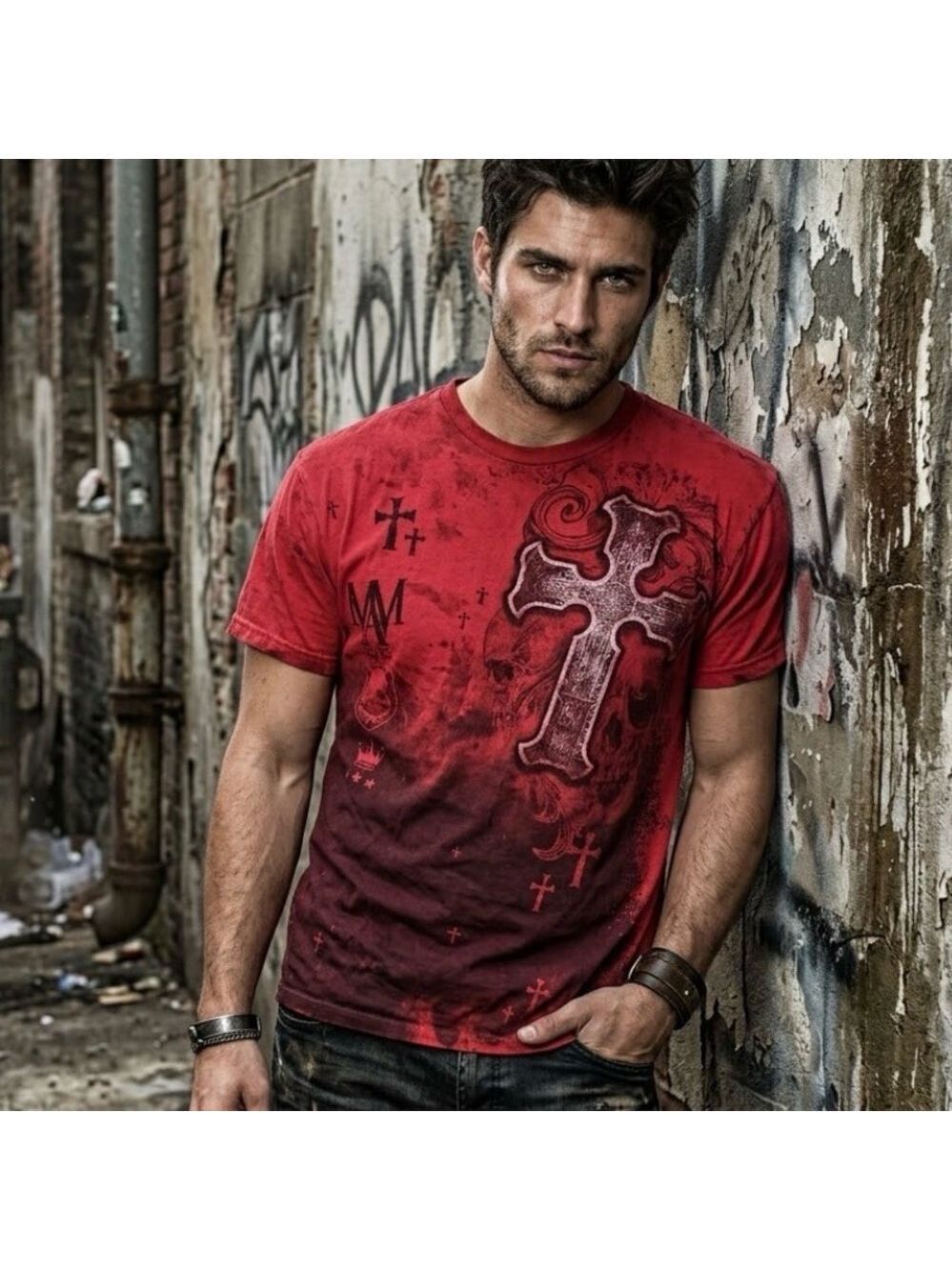 MMA Elite Red Distressed Style Tee with Cross Graphic - Size Large
